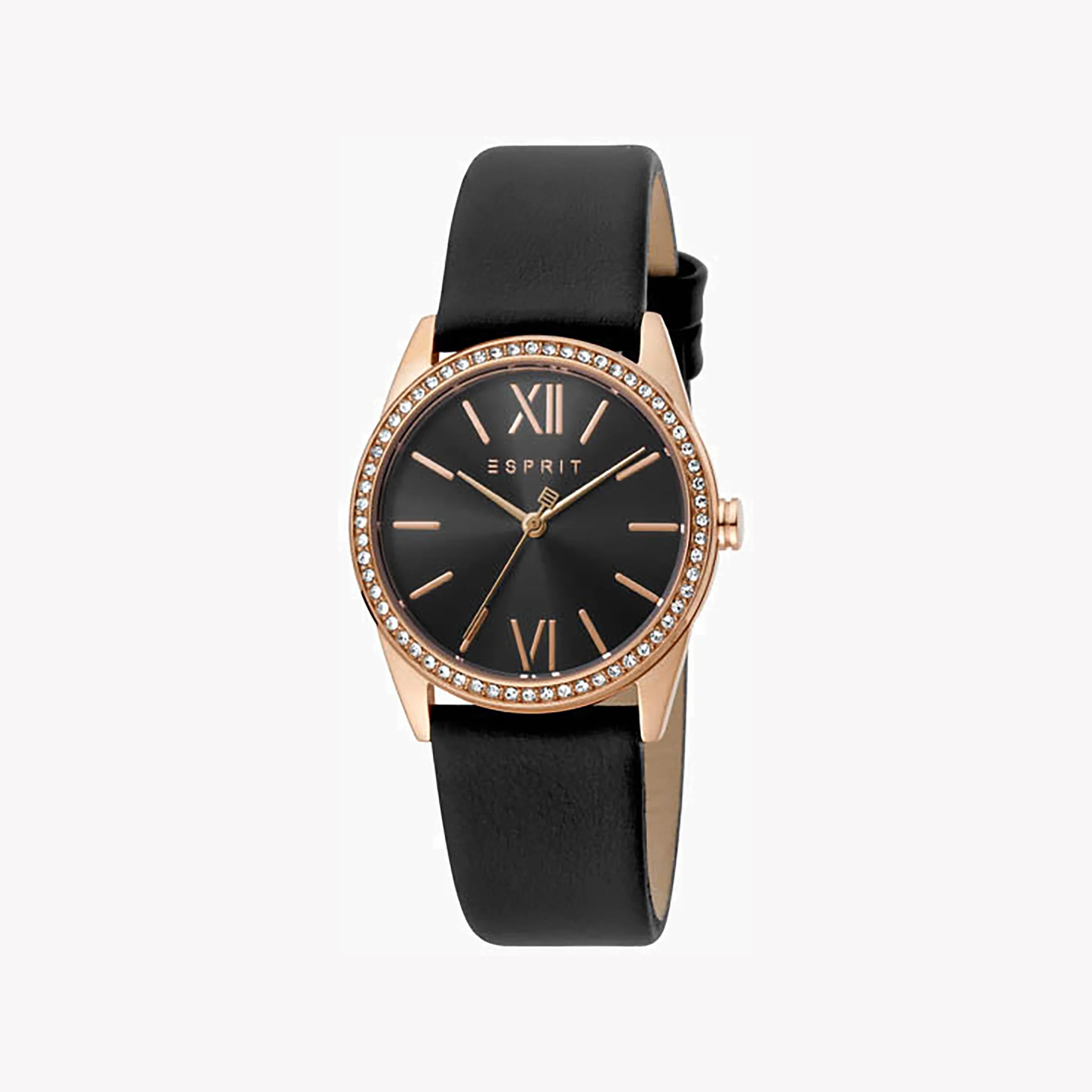 ESPRIT Women's Watch with Rose Gold Stainless Steel Case and Black Leather Band