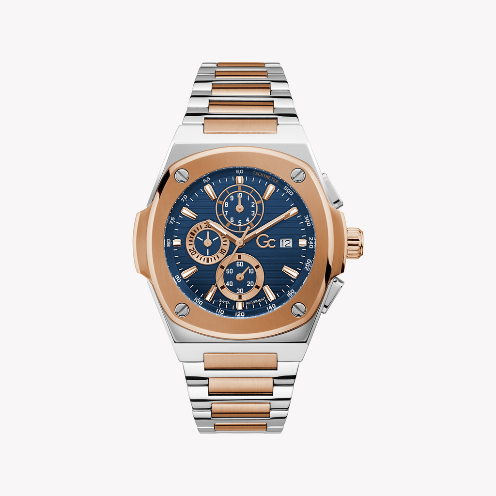 GUESS COLLECTION Y99002G7MF MEN'S TIMEPIECE - STRIKING ROSE GOLD & SILVER WITH BLUE DIAL