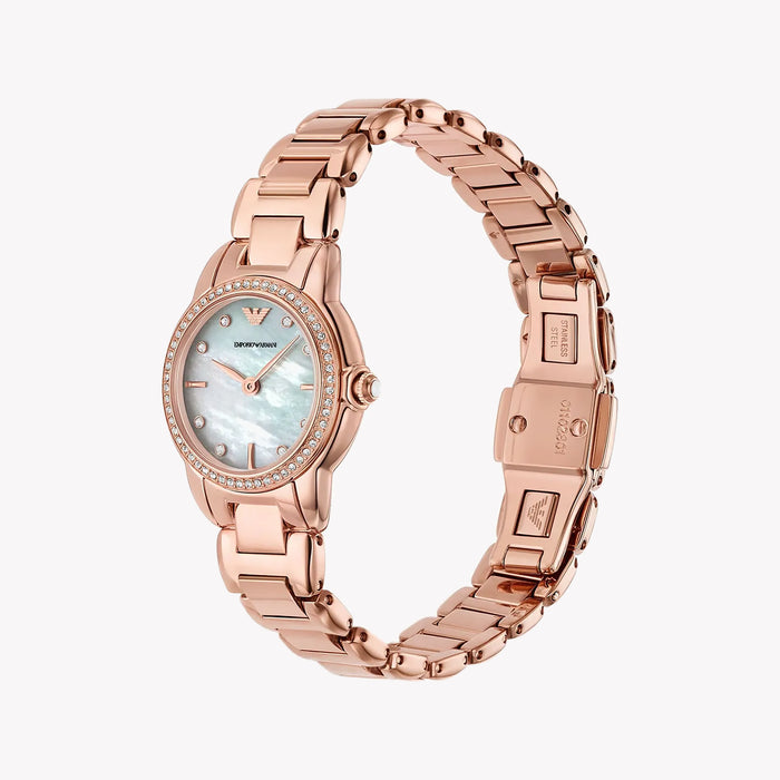Emporio Armani Ladies Mia Rose Gold Mother Of Pearl Dial Watch AR11671