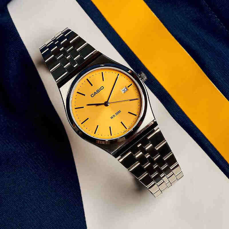 Casio Men's Silver Stainless Steel Watch, Yellow Dial | Mtp-B145d-9av by i-watch