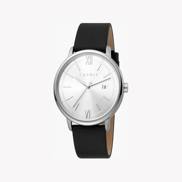 ESPRIT MEN'S STYLISH TIMEPIECE - BLACK LEATHER BAND & SILVER DIAL ELEGANCE