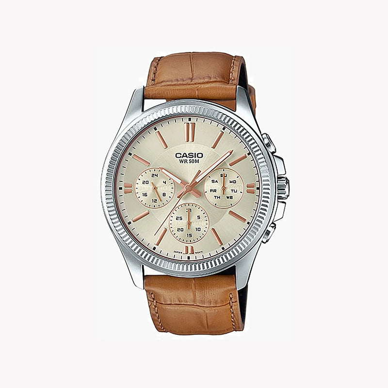 Casio Mtp-1375l-9avdf Elegant Sportiness - Stylish Men's Watch With Gold Dial & Leather Band by i-watch