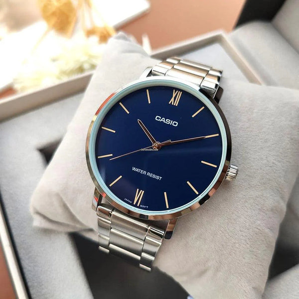 Casio Men's Silver Watch, Blue Dial | Mtp-Vt01d-2b by i-watch