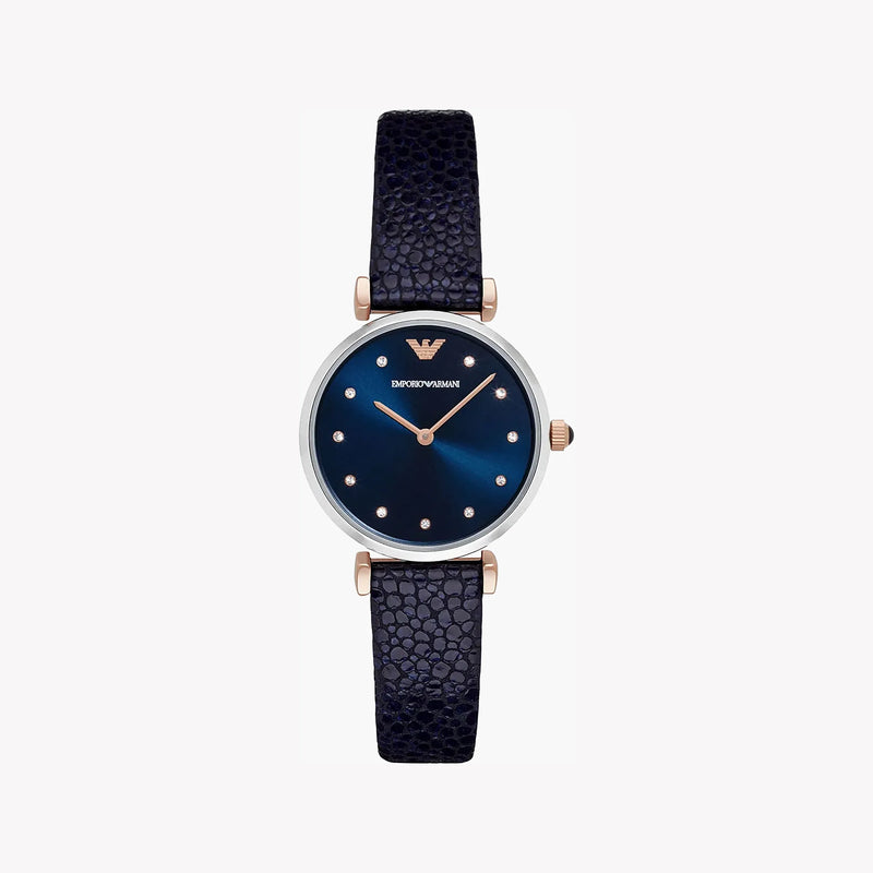Emporio Armani Women's Dark Blue Leather Watch, Silver Case | Ar1989 by i-watch