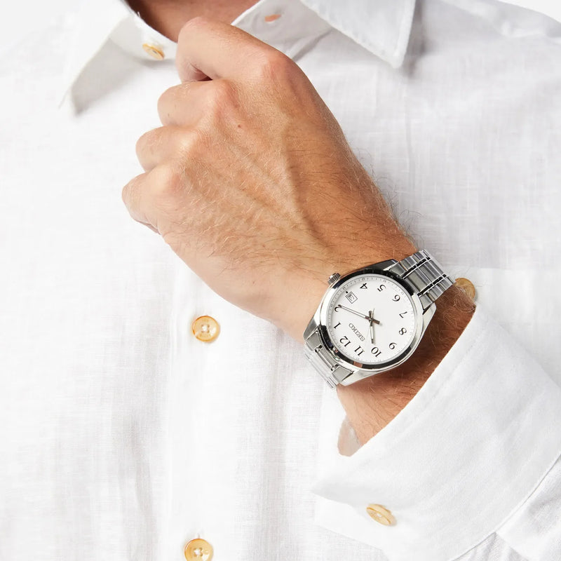 Seiko Men's Silver Stainless Steel Watch, White Dial | Sur459p1 by i-watch