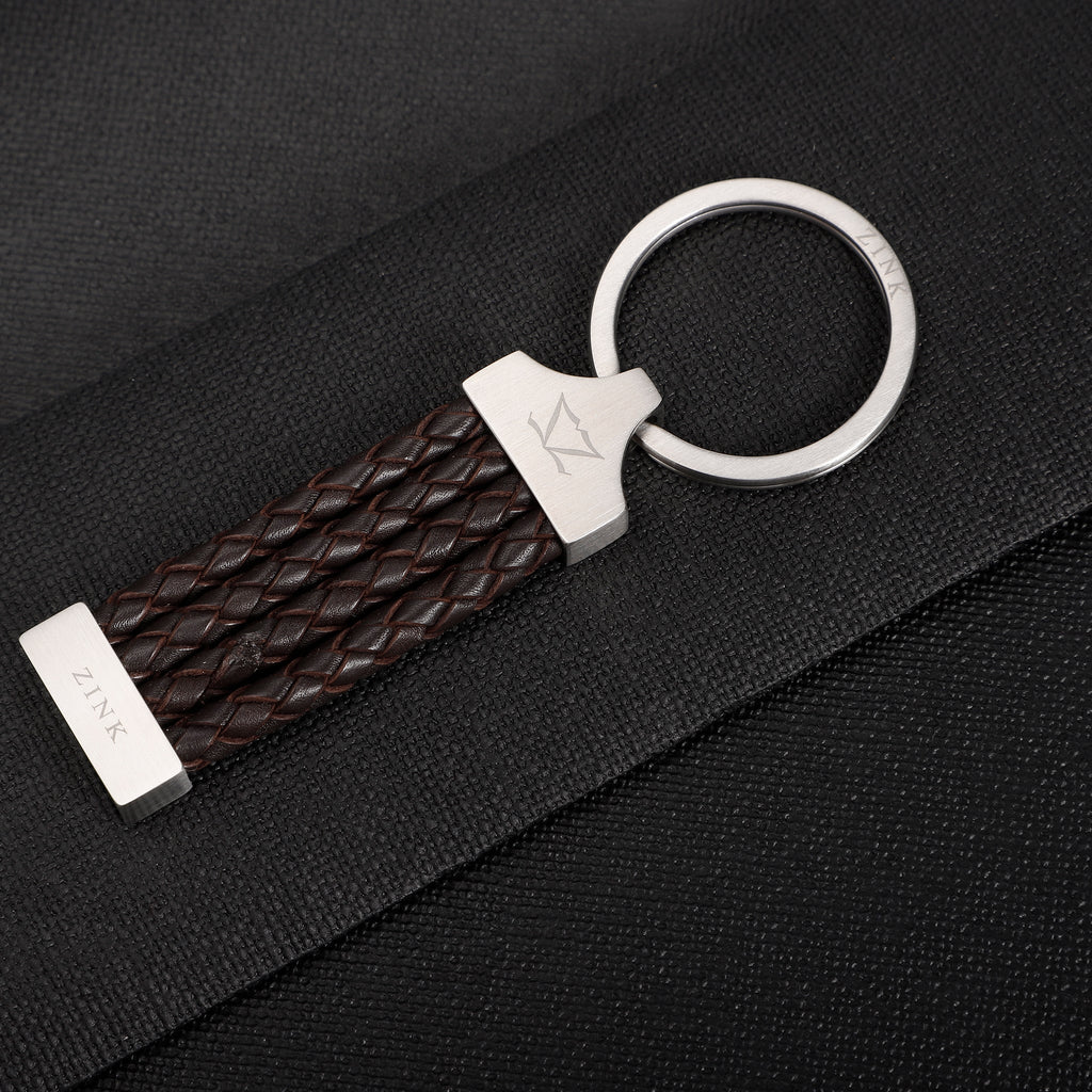 Zink Keychain - Brown & Silver - Stainless Steel & Leather | Zjkc008br