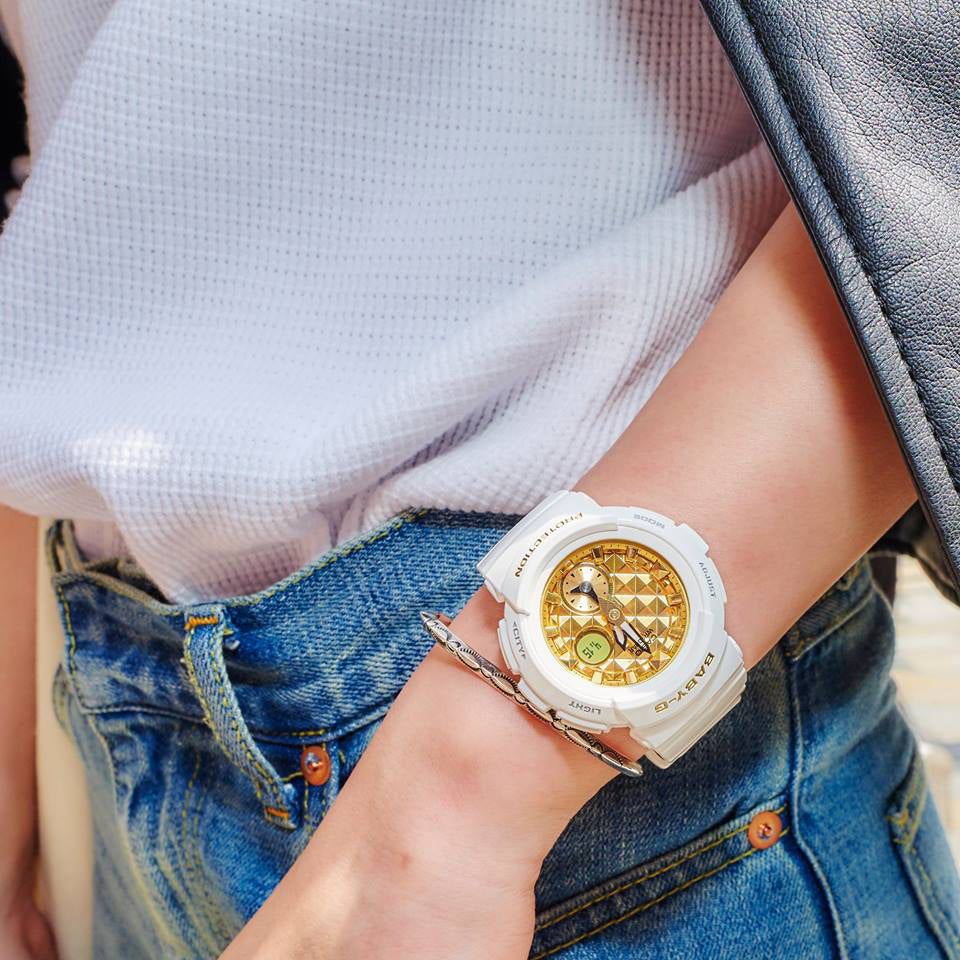 BGA-195M-7ADR BABY-G: CHIC SPIRIT - WATER-RESISTANT Women's Watch with Gold Dial & White Band-i-Watch-2