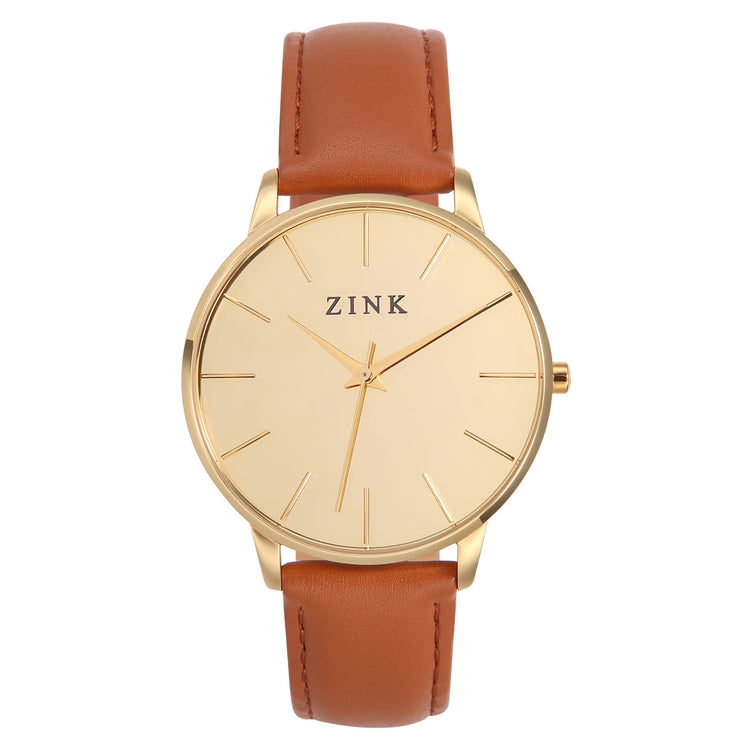 ZINK Women's Watch with Gold Stainless Steel Case and Brown Leather Band