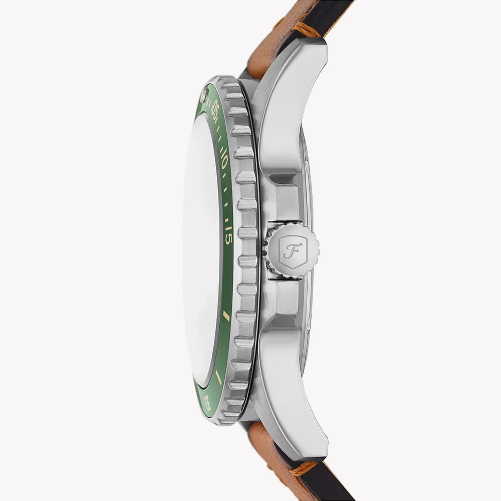 FOSSIL FS5946 SILVER ELEGANCE - MENS WATCH WITH GREEN DIAL & BROWN LEATHER BAND-i-Watch-2