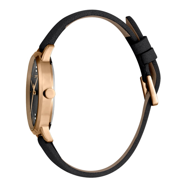 Esprit Women's Watch With Rose Gold Stainless Steel Case And Black Leather Band by i-watch