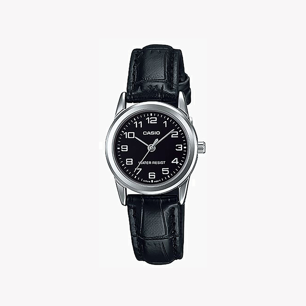 CASIO Women's Watch with Silver Stainless Steel Case and Black Leather Band