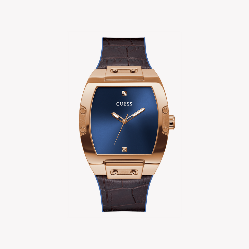 GUESS GW0386G2 - ELEGANT ROSE GOLD MEN'S WATCH WITH BROWN LEATHER BAND & BLUE DIAL