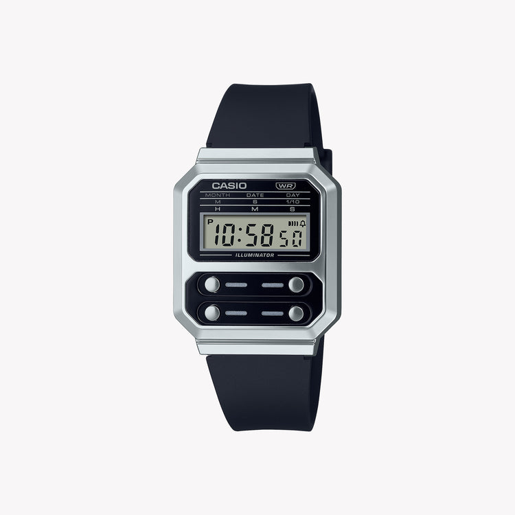Casio Unisex Chrome Plated Resin Watch, Black Strap | A100WEF-1A