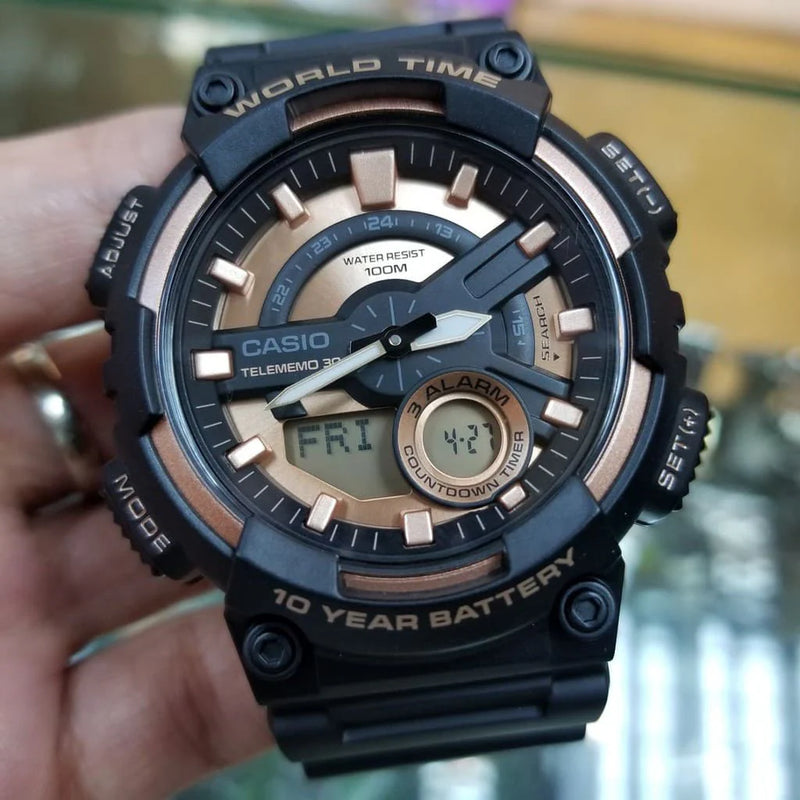 Casio Men's Black Resin Watch, Rose Gold Dial | Aeq-110w-1a3vdf by i-watch