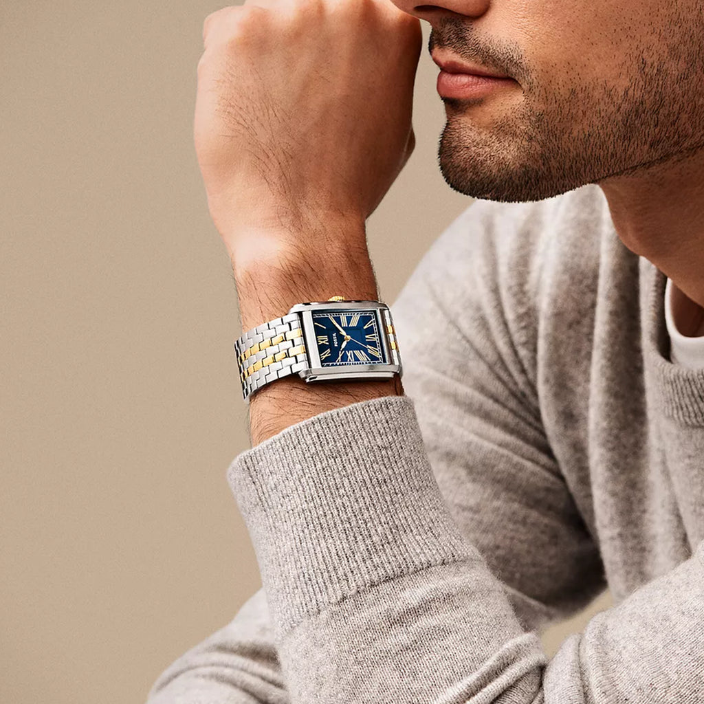 FOSSIL FS6010 - TIMELESS ELEGANCE MEN'S WATCH WITH BLUE DIAL & 2T SILVER/GOLD STRAP-i-Watch-2