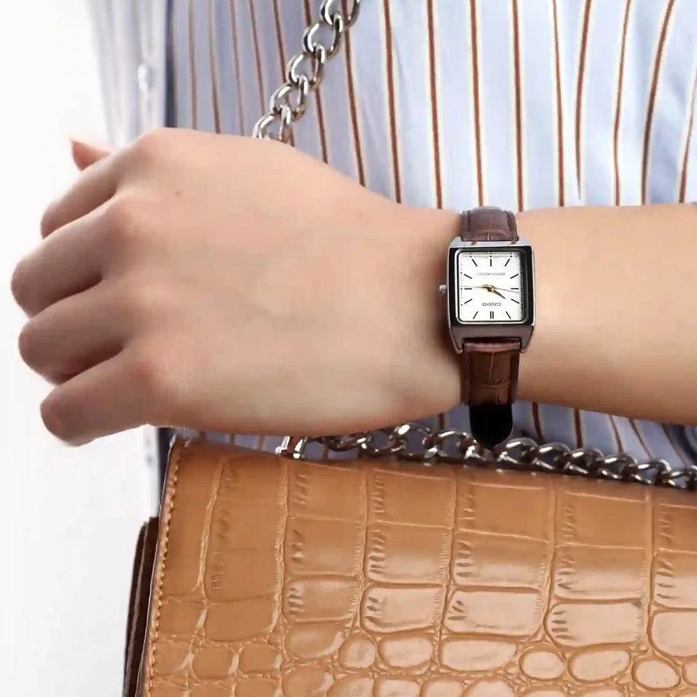 Casio Ltp-V007l-9eudf Elegant Sporty Timepiece - Chic Brown Leather BAnd Women's Watch With Silver Case and Classic White Dial by i-watch