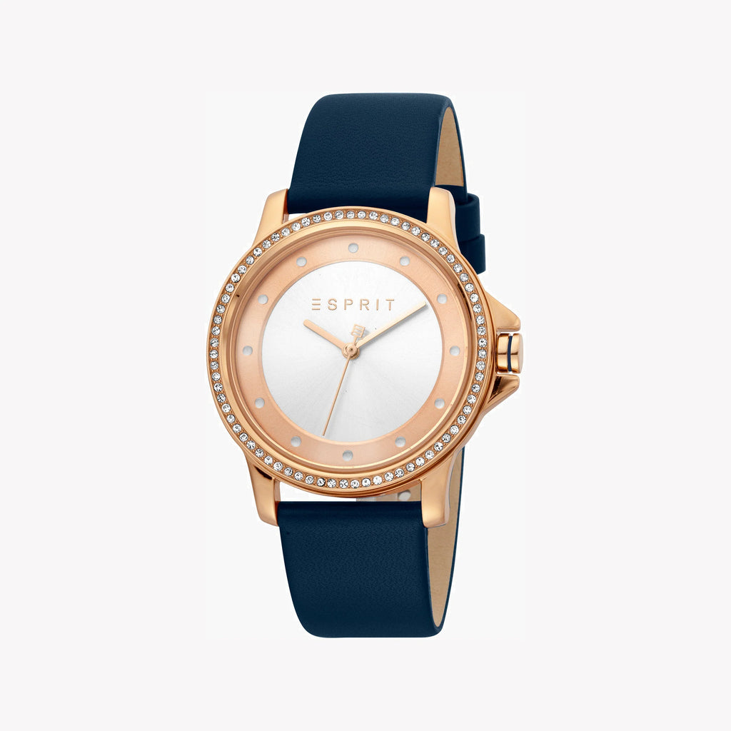 ESPRIT Women's Watch with Rose Gold Stainless Steel Case and Blue Leather Band