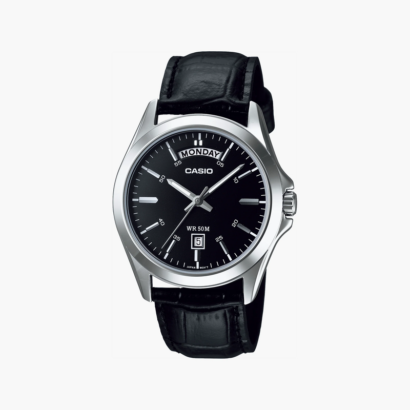Casio Men's Silver Stainless Steel, Black Leather | Mtp-1370l-1avdf by i-watch