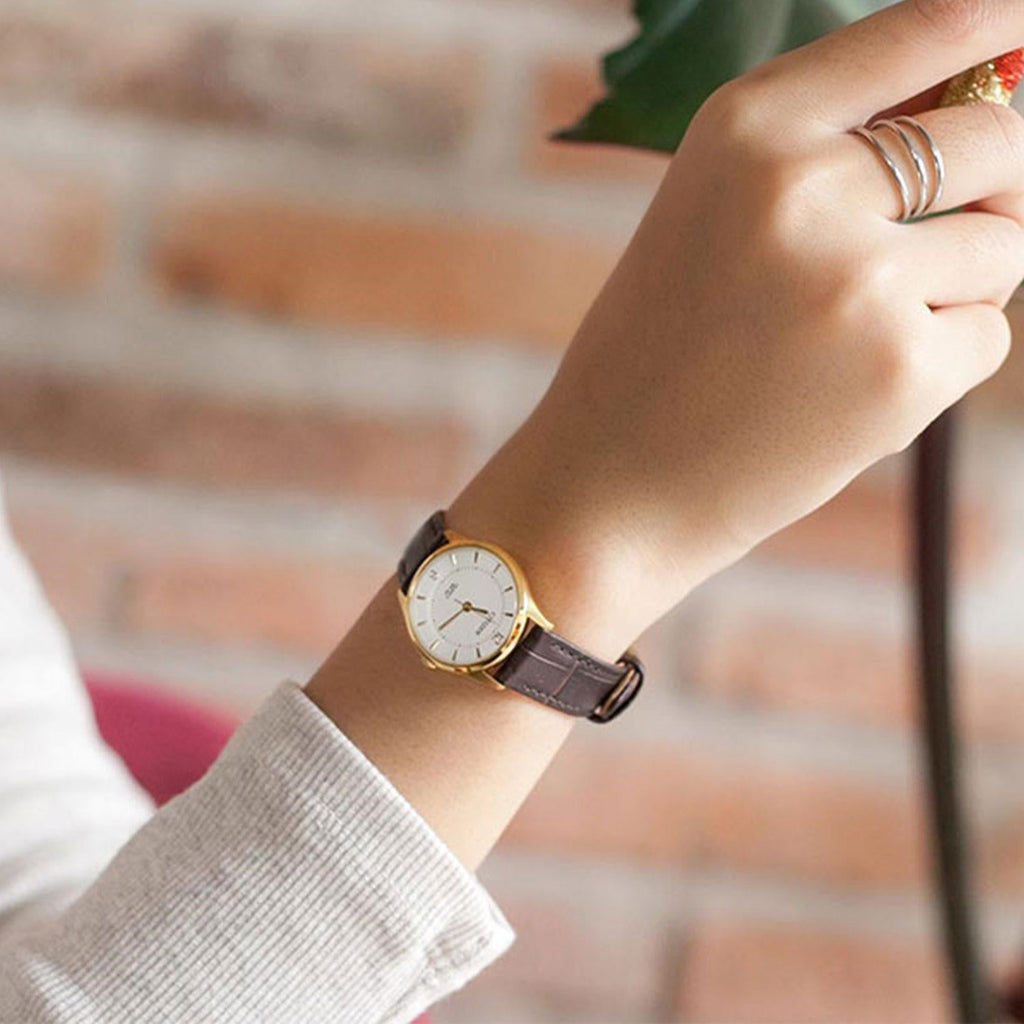 CITIZEN ER0203-00B - ELEGANT GOLD & WHITE DIAL WOMEN'S WATCH WITH LUXURIOUS LEATHER BAND-i-Watch-2