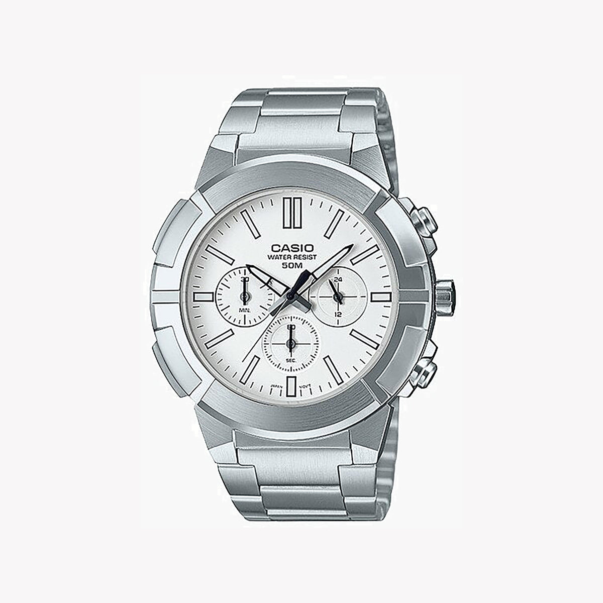 CASIO MTP-E500D-7AVDF - SPORTY ELEGANCE MEN’S WATCH WITH SLEEK SILVER BAND AND WHITE DIAL