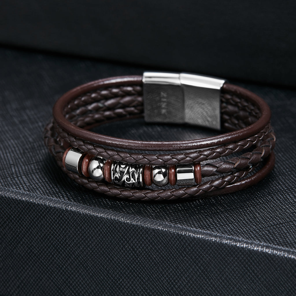 Zink Men's Brown Stainless Steel & Leather Bracelet | Zjbc019lpbr