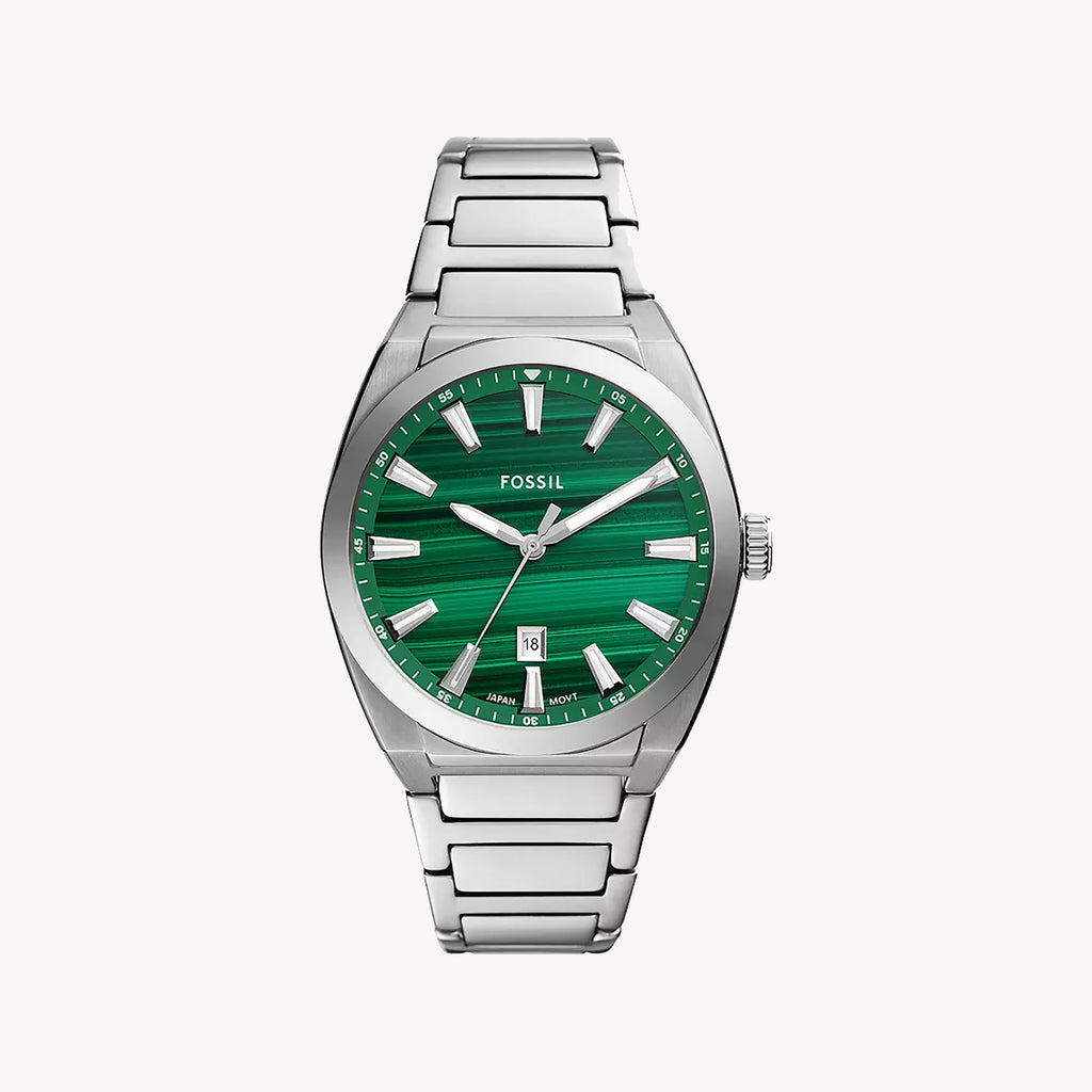 FOSSIL EVERETT THREE - STYLISH ENDURANCE MEN'S WATCH WITH GREEN DIAL & SILVER STAINLESS STEEL BAND