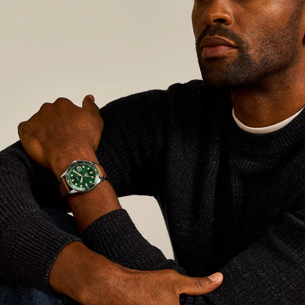 FOSSIL FS5946 SILVER ELEGANCE - MENS WATCH WITH GREEN DIAL & BROWN LEATHER BAND-i-Watch-4