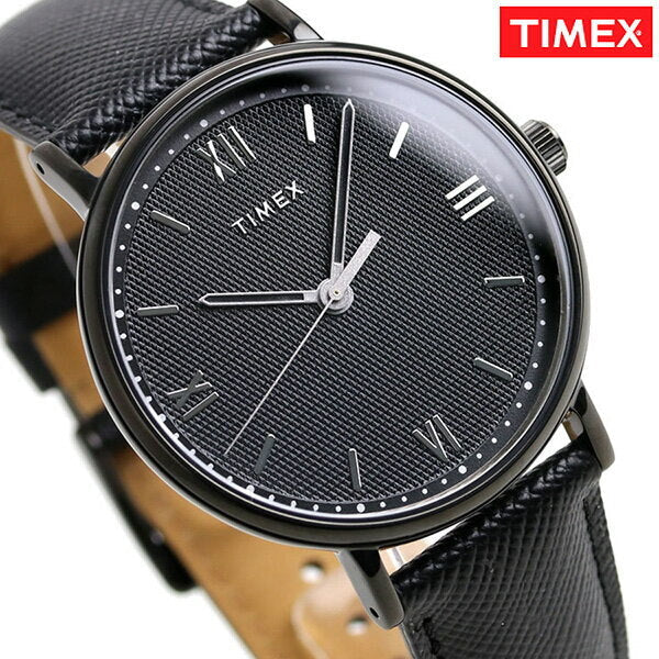 Timex Men's Black Leather Watch, Black Dial | TW2T34900