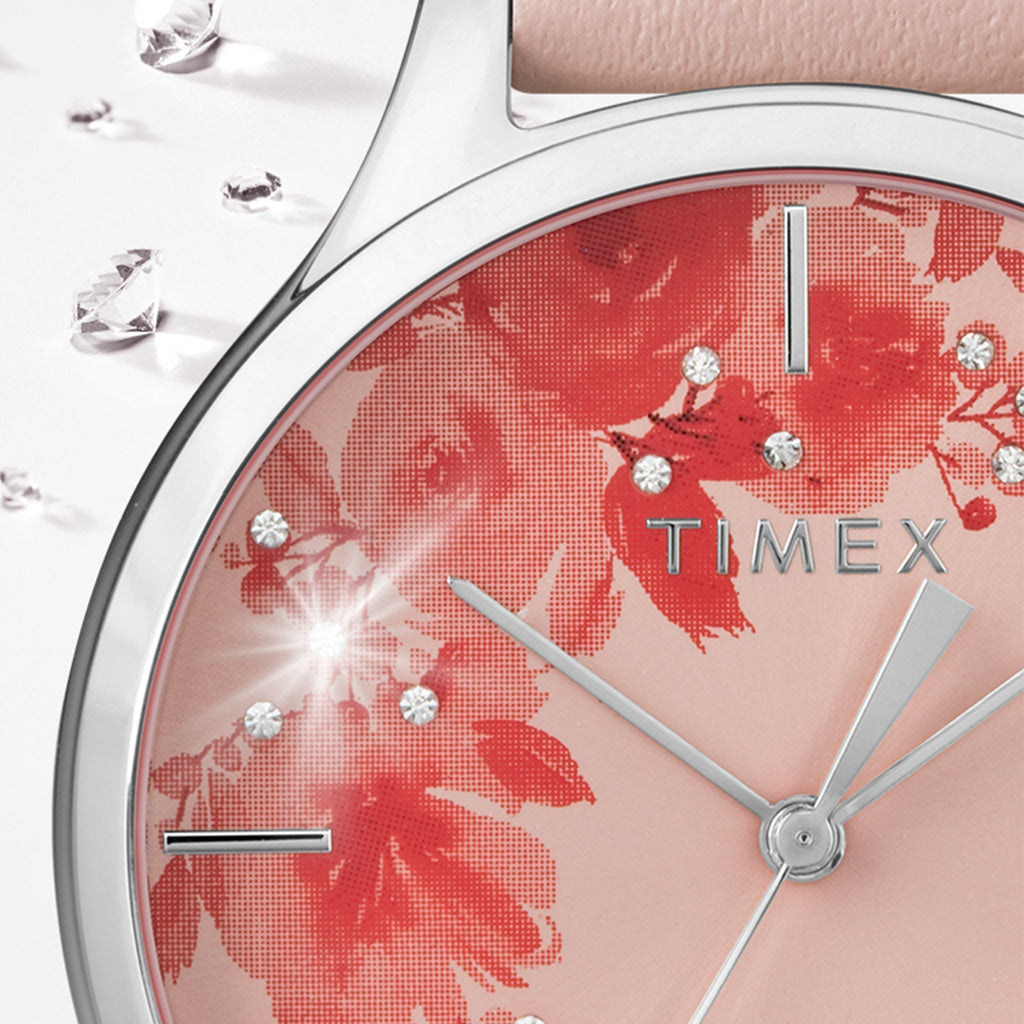 TIMEX Damenuhr mit silbernem Messinggehäuse und rosafarbenem Lederarmband