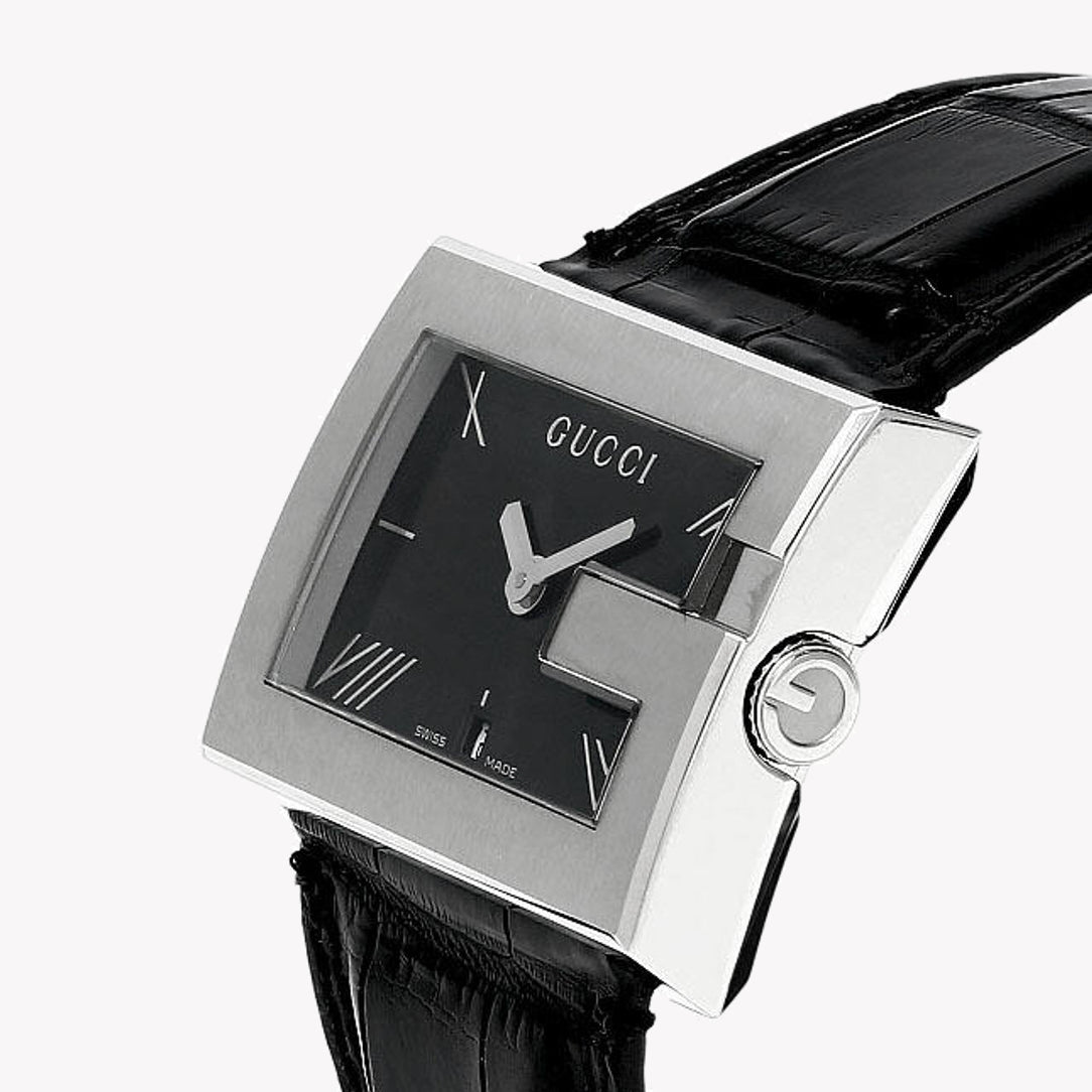 GUCCI YA100302 MODERN LUXURY - ELEGANT MEN'S WATCH WITH BLACK LEATHER BAND & STRIKING BLACK DIAL