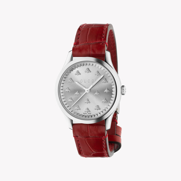 Gucci Women's Silver & Red Leather Watch, Silver Dial | Ya1265057 by i-watch