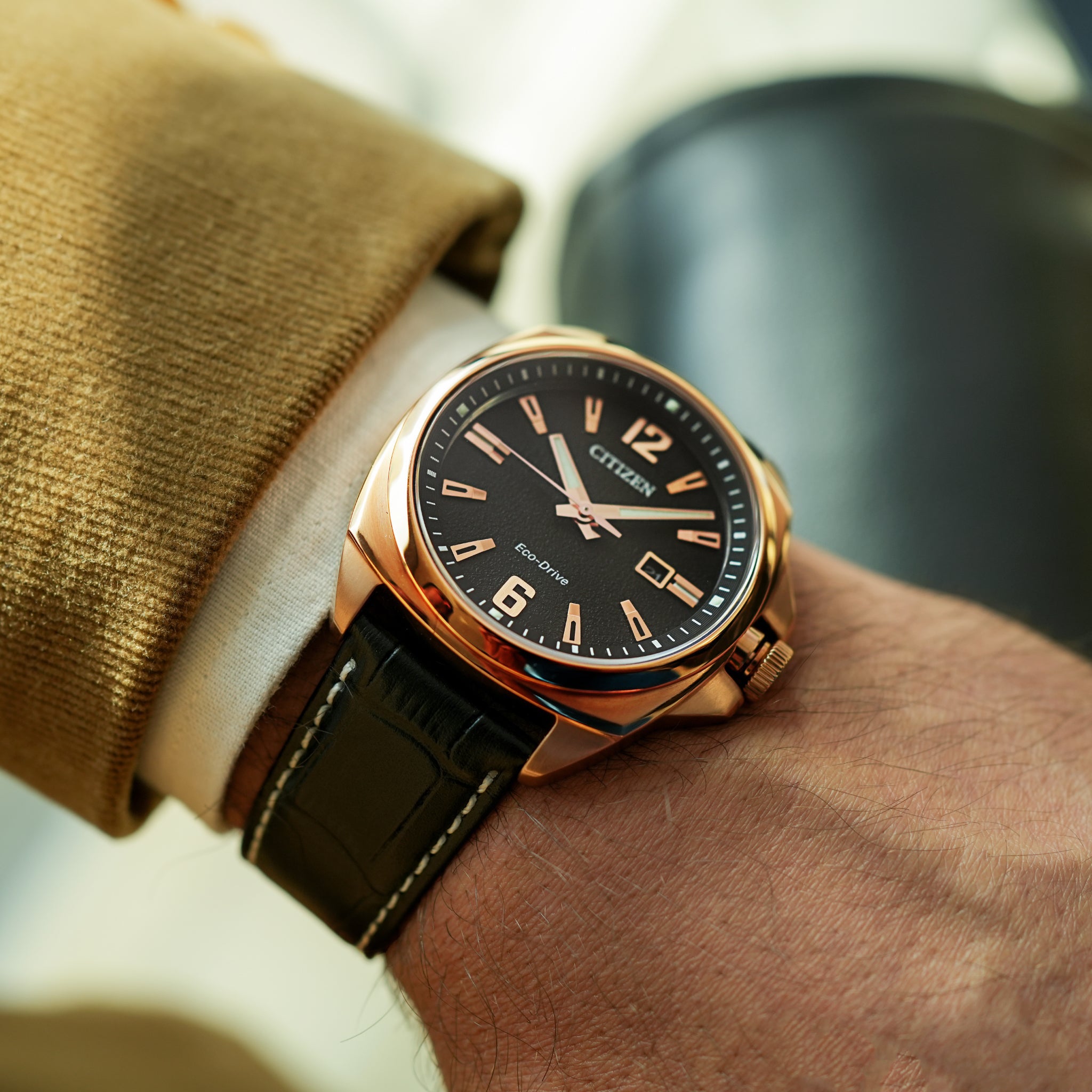 CITIZEN AW1723-02E BOLD ELEGANCE - ROSE GOLD & BLACK LEATHER TIMEPIECE for the Modern Man