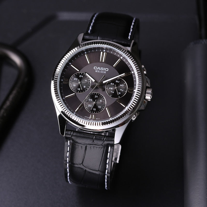 Timeless Elegance Men's IP Silver Watch, Leather Strap | MTP-1375L-1AVDF