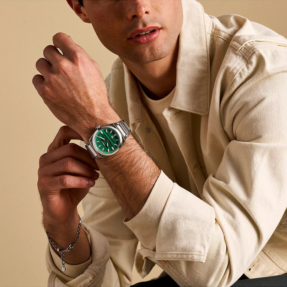 FOSSIL EVERETT THREE - STYLISH ENDURANCE MEN'S WATCH WITH GREEN DIAL & SILVER STAINLESS STEEL BAND-i-Watch-4