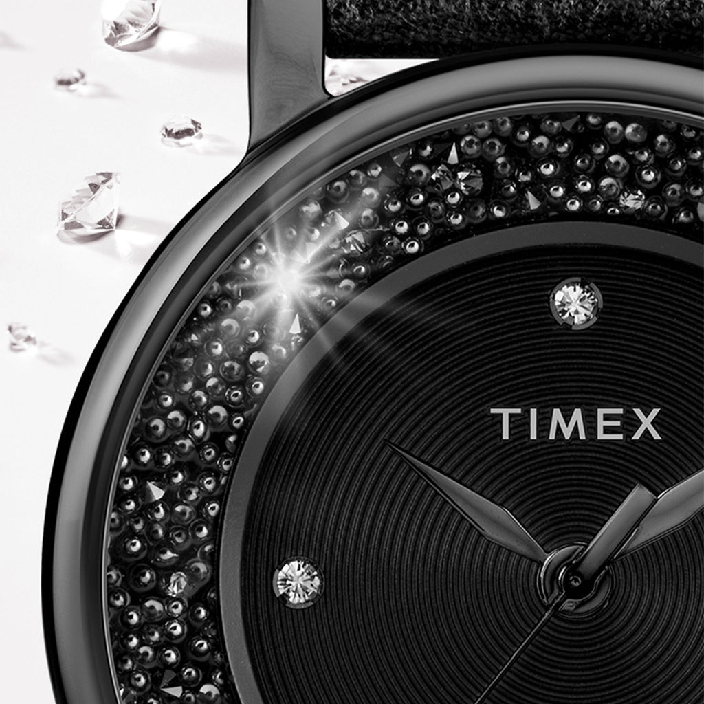 ساعة TIMEX النسائية مع علبة نحاسية سوداء وسوار جلدي أسود