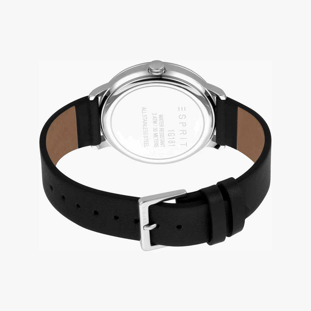 ESPRIT MEN'S STYLISH TIMEPIECE - BLACK LEATHER BAND & SILVER DIAL ELEGANCE-i-Watch-3