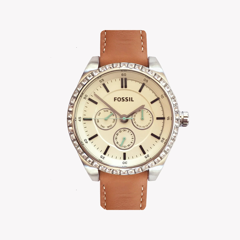 Fossil Women's Silver & Brown Leather Watch, Beige Dial | Bq3089 by i-watch