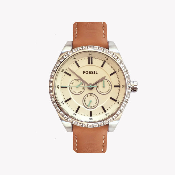 Fossil Women's Silver & Brown Leather Watch, Beige Dial | Bq3089 by i-watch