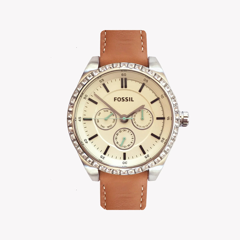 Fossil Women's Silver & Brown Leather Watch, Beige Dial | Bq3089 by i-watch
