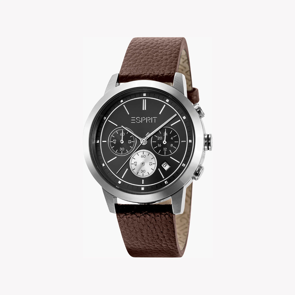 ESPRIT ELEGANCE - TIMELESS MEN'S WATCH with Brown Leather Band & Black Dial - Durable Stainless Steel 42mm