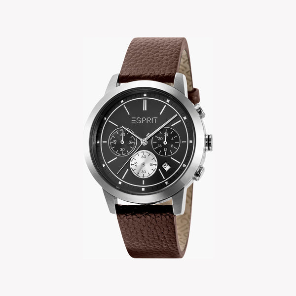 ESPRIT ELEGANCE - TIMELESS MEN'S WATCH with Brown Leather Band & Black Dial - Durable Stainless Steel 42mm
