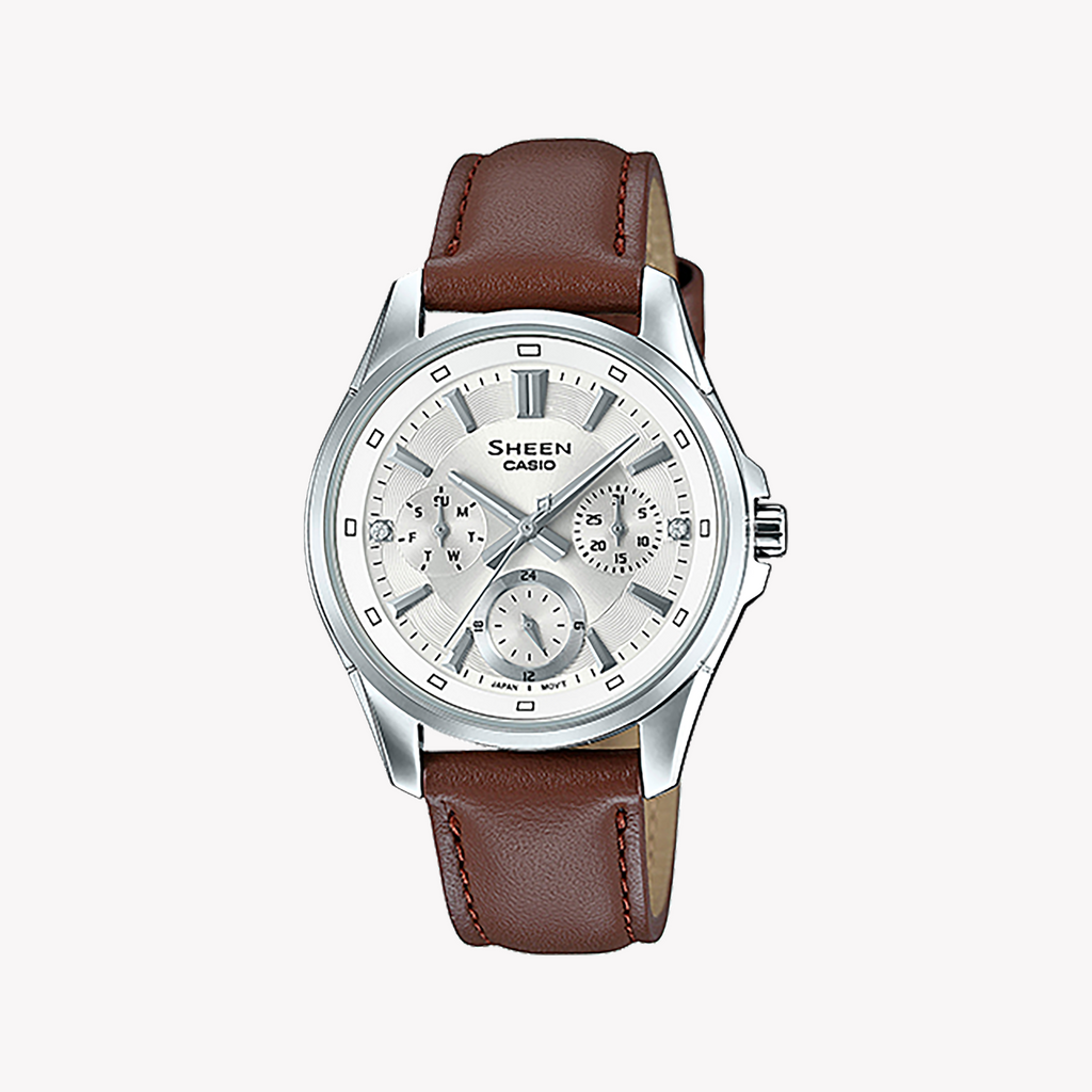 CASIO SHE-3060L-7AUDR ELEGANT ADVENTURER - STYLISH WOMEN'S WATCH WITH LEATHER BAND AND WHITE DIAL
