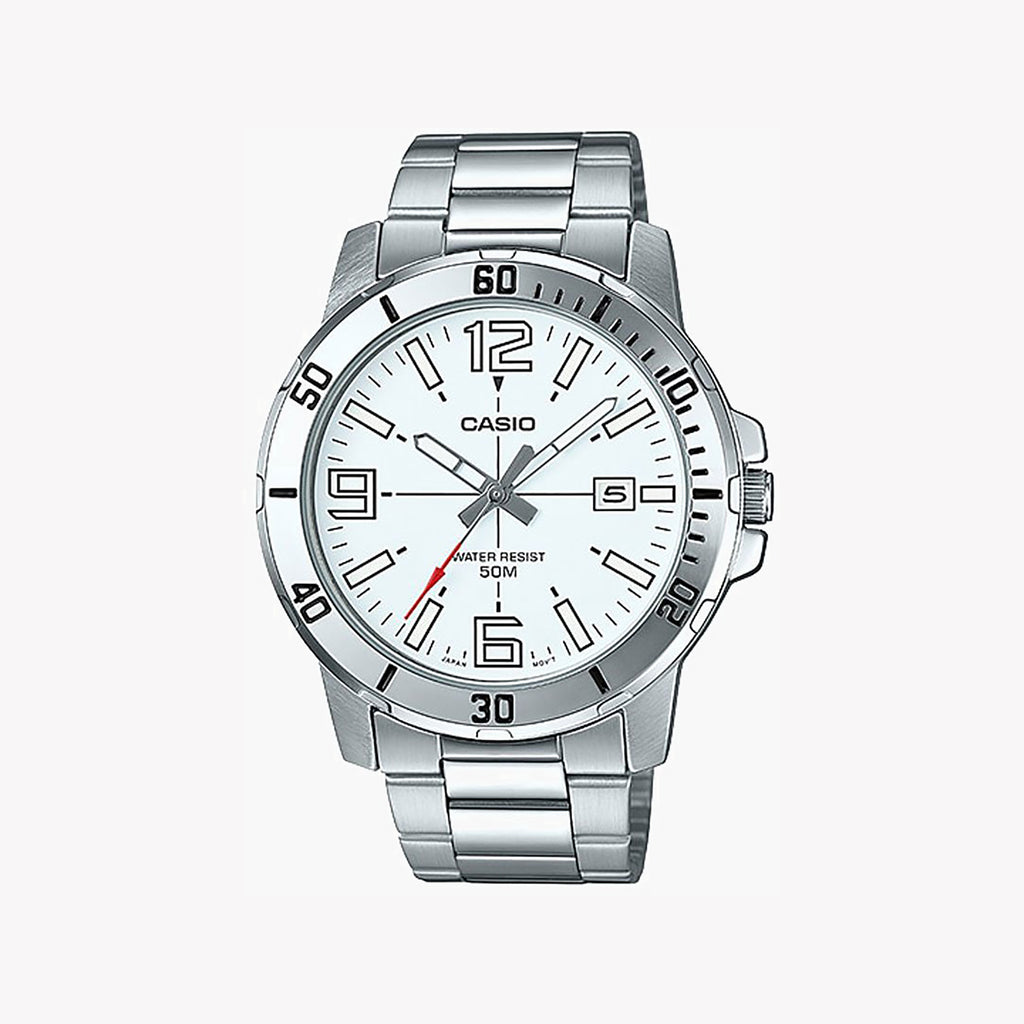 CASIO MTP-VD01D-7BUDF - SPORTY CHARM WITH ELEGANT FUNCTIONALITY Men's Stainless Steel Watch in Silver & White Dial
