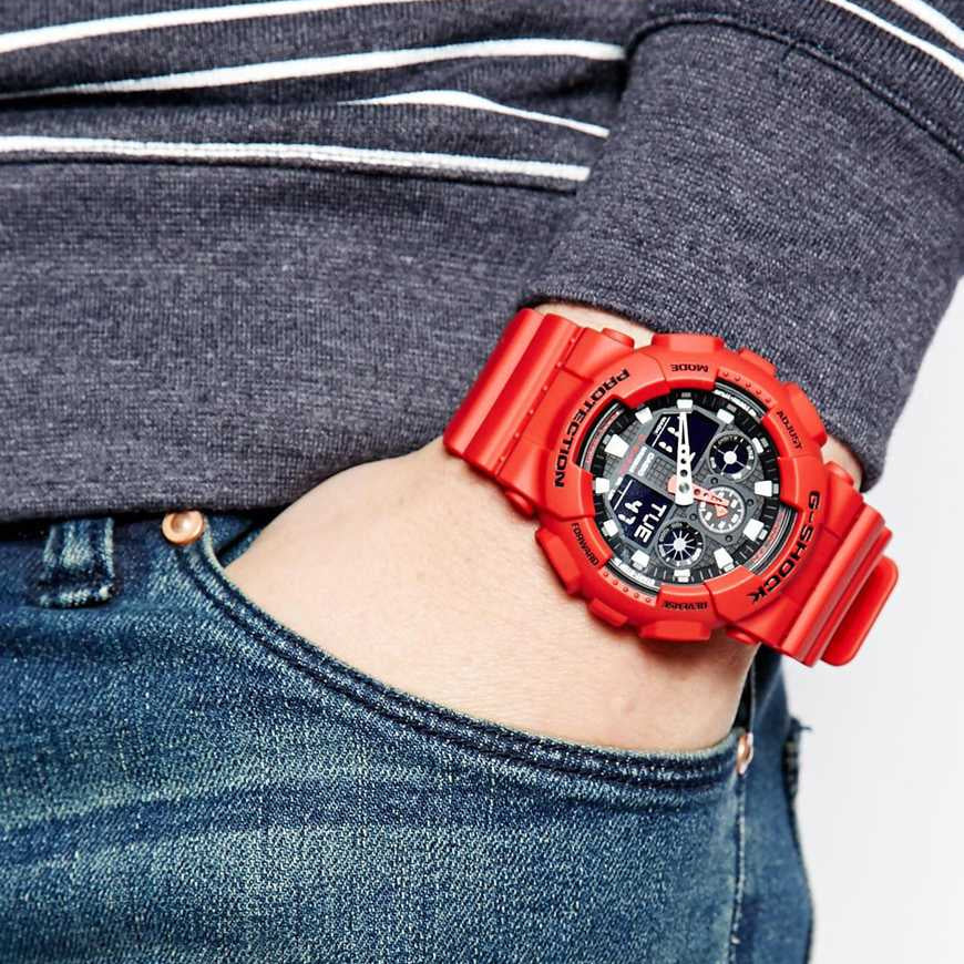 CASIO G-SHOCK GA-100B-4ADR - BOLD ADVENTURER SERIES Men's Watch with vibrant red resin band and sleek black dial