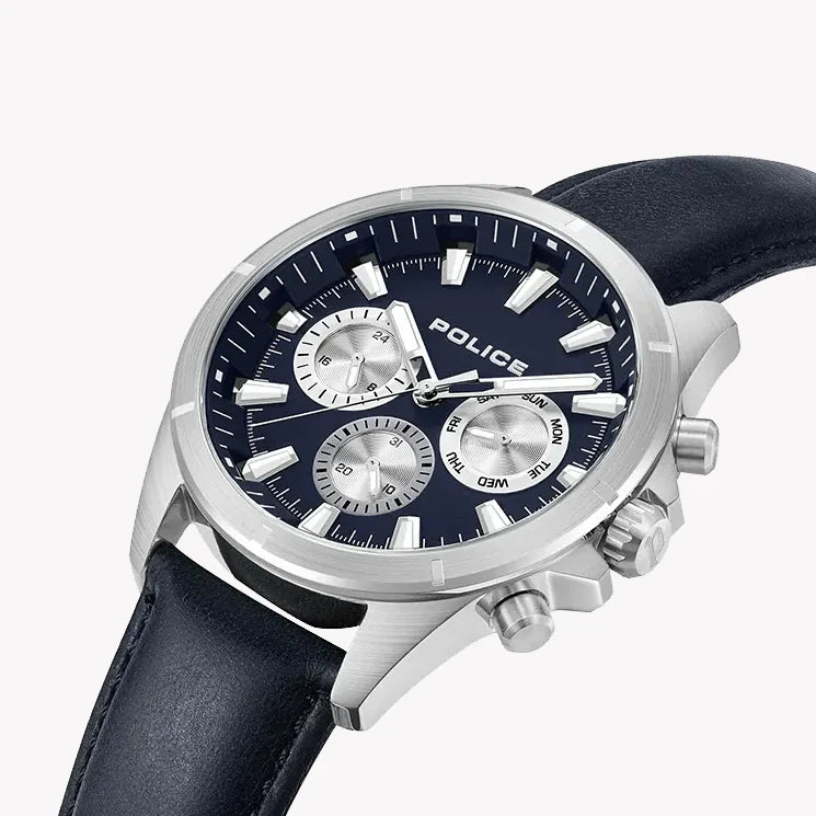 Police Men's Silver Leather, Blue Dial | Pewjf0005803 by i-watch