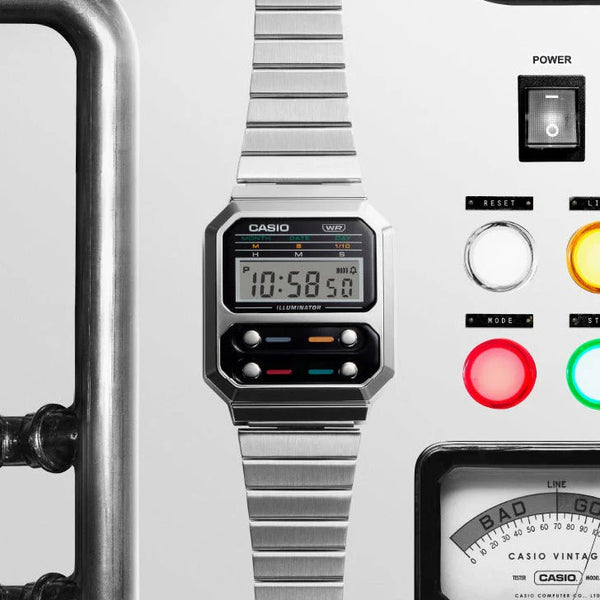 Casio A100we-1adf - Sporty Elegance Unisex Digital Watch With Silver Stainless Steel Band by i-watch