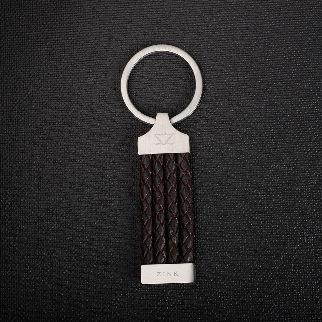 Zink Keychain - Brown & Silver - Stainless Steel & Leather | Zjkc008br