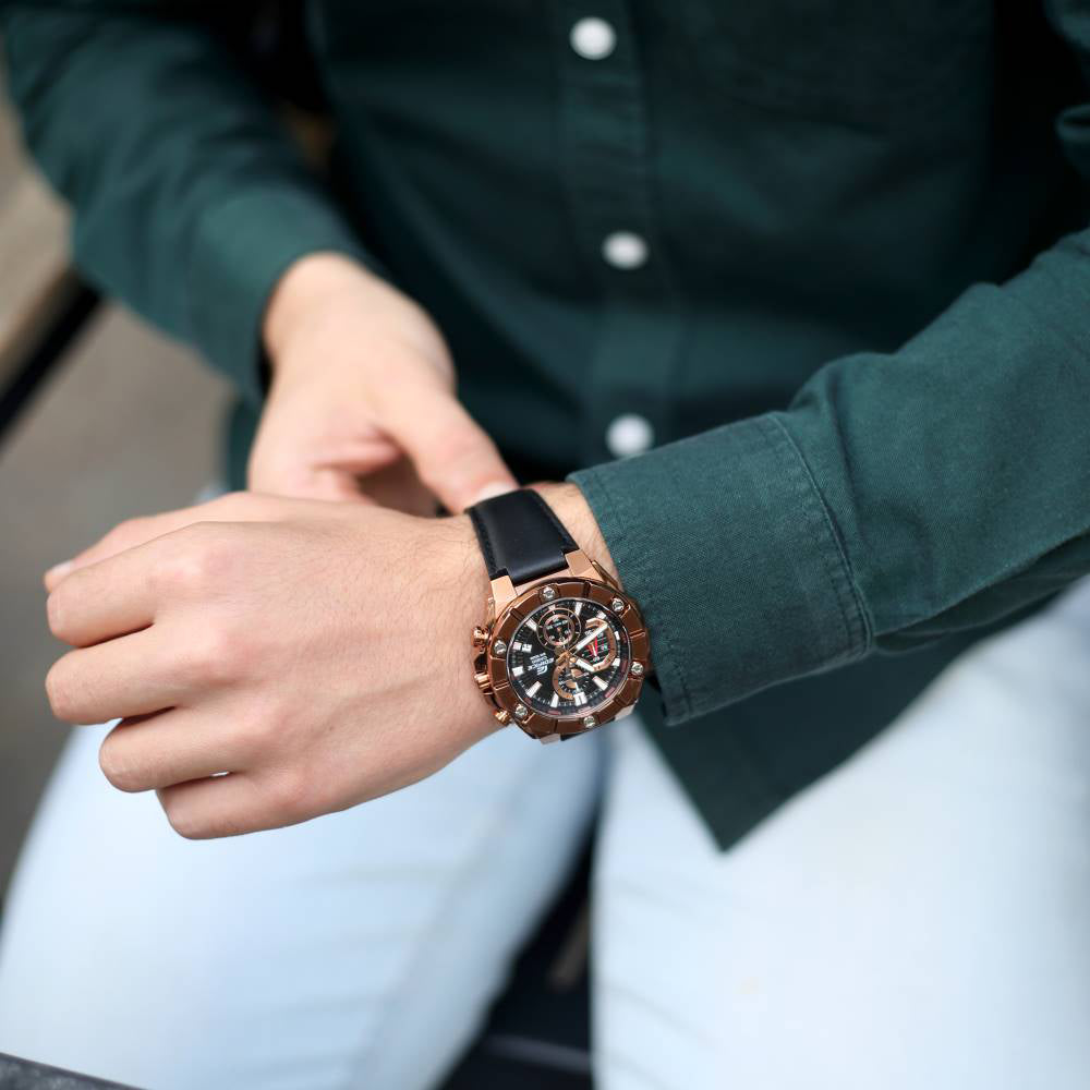 CASIO EDIFICE EFR-569BL-1AVUDF - ROSE GOLD STYLE, BLACK LEATHER, MEN'S WATCH-i-Watch-4