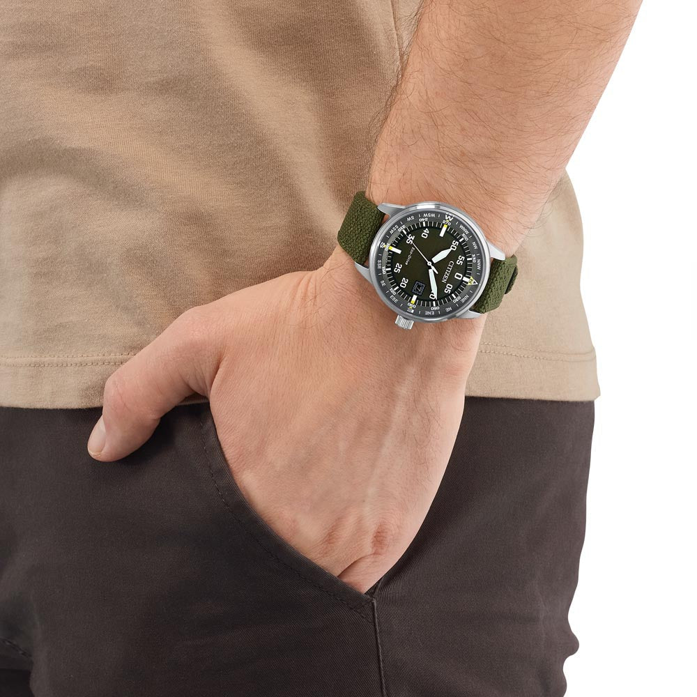 Citizen Bm7390-22x - Modern Eco-Drive Men's Watch With Silver Case & Green Nylon Band by i-watch