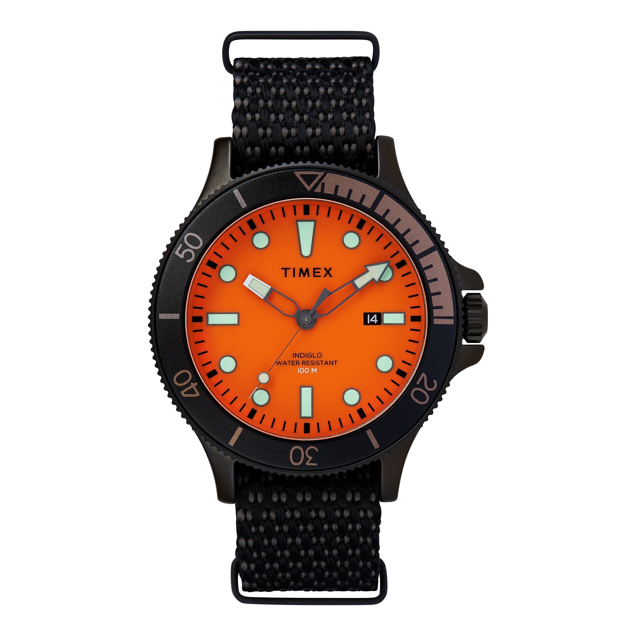 TIMEX MILITARY ALLIED TW2T30200 - MEN'S BRASS WATCH WITH ORANGE DIAL & BLACK FABRIC STRAP